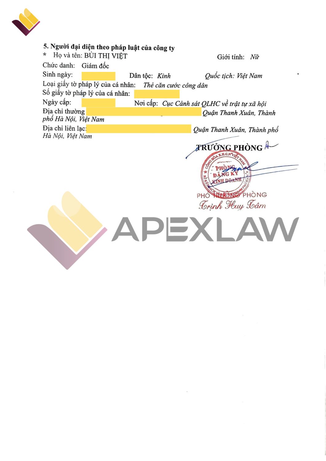 Giấy đăng ký kinh doanh apexlaw hợp pháp